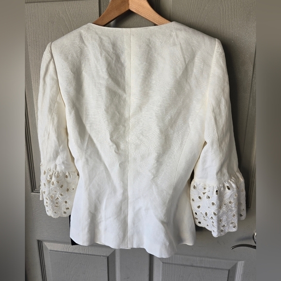 $240 Nipon Boutique Linen Blend Blazer Jacket Women 6 Lace Flare Sleeve Eyelet - Picture 13 of 14